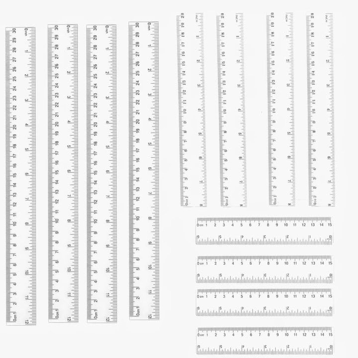 12 stuks kunststof liniaalset, transparant meetgereedschap met dubbele schaal, centimeter en inch, voor school, kantoor, thuis, precisie-linialen, 15 cm, 20 cm, 30 cm, flexibel, onbreekbaar