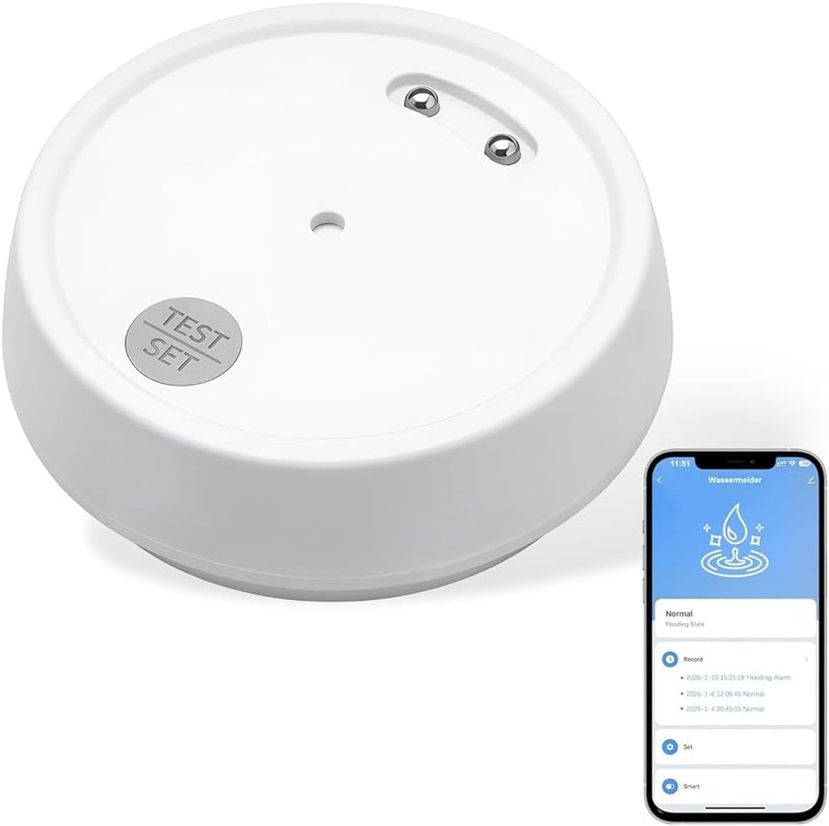 Waterlekdetector, aangesloten, ultradun, anti-overstromingssensor, sirene, 100 dB, voor app-alarm en intelligente huisautomatisering, alarm voor keuken, badkamer, kelder