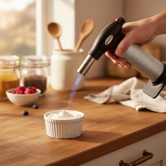 Hand houdt een HENDI keukenbrander met blauwe vlam gericht op een schaaltje met slagroom.