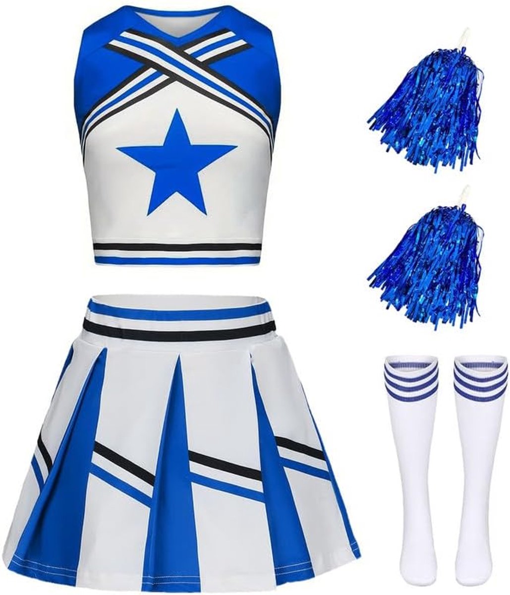 Cheerleader-kostuum voor kinderen, cheerleader-kostuum voor meisjes, outfit, cheerleading uniform, jurk met pompons en sokken, carnavalskostuums voor kinderen, voor carnaval, Halloween, cosplay