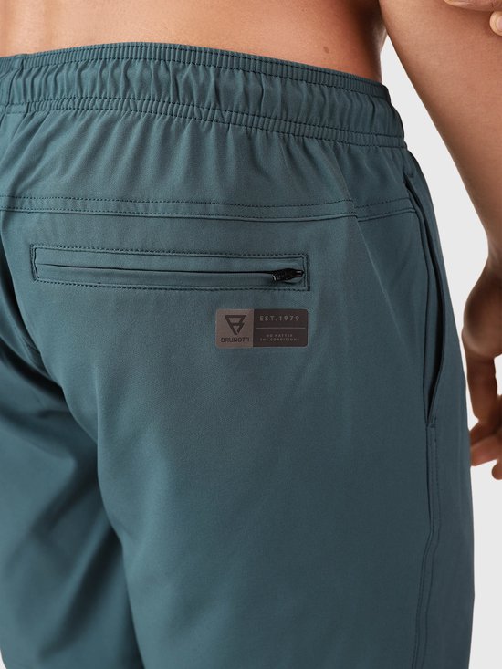 Gros plan de l'arrière d'un short de bain bleu-vert avec une poche zippée et une étiquette logo 'EST. 1979'.