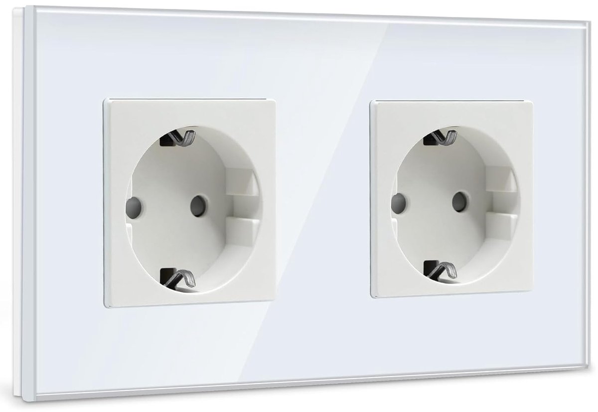 Schuko Stopcontact 2 Voudig Stopcontact Glas Inbouw Stopcontact, Stopcontacten met Kristal Glas Plaat Dubbel Wandstopcontacten 16Amp EU Standaard Verlengsnoeren Wit - 157mm