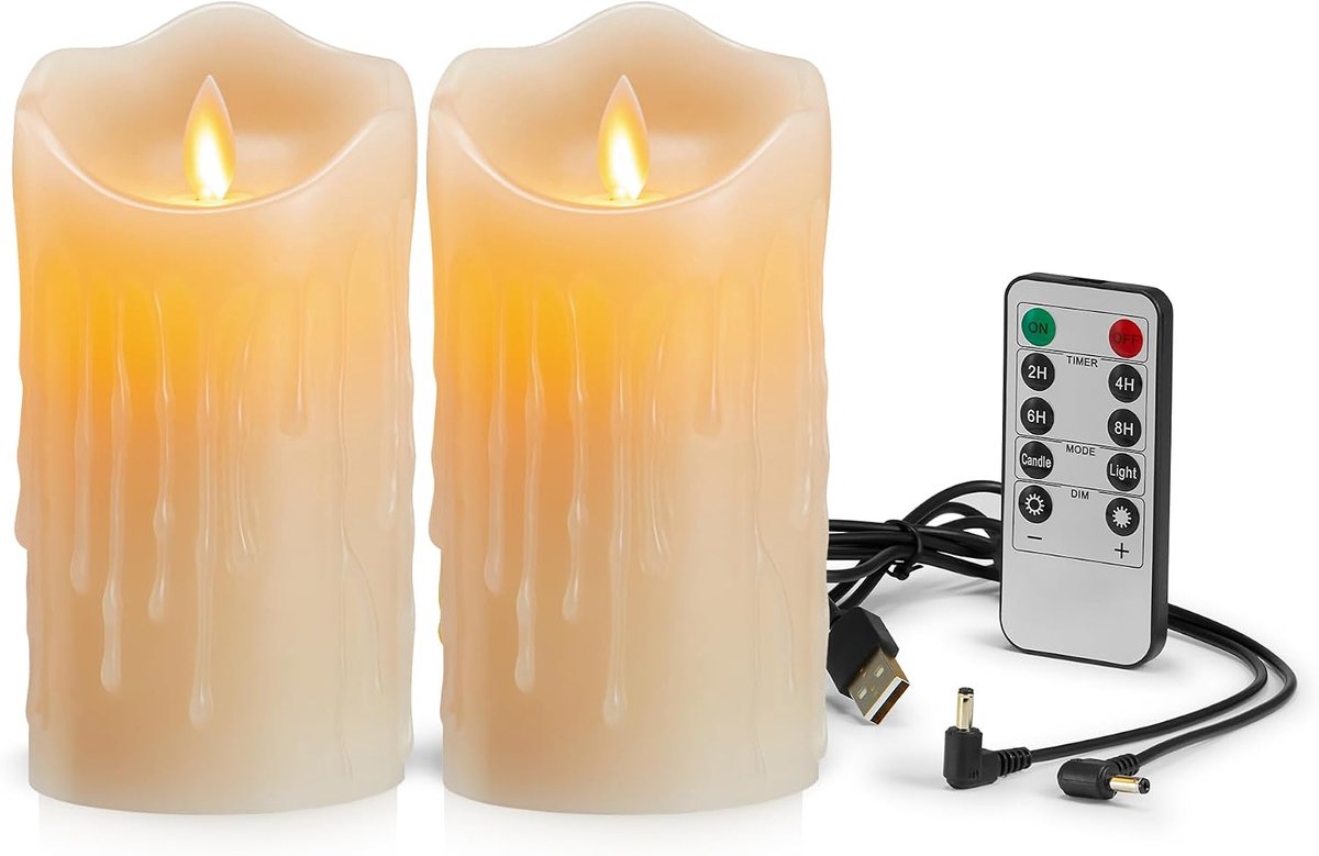 Kaarsen [2 stuks] - Oplaadbare LED Kaars met Realistische Flikkerende Vlam & Afstandsbediening | USB voor Gezellige Kerstmis, Halloween & Verjaardagen | Feestdecoratie - 7,5x12,5 cm