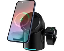 Oplader 3 in 1 draadloze Oplader Qi2 met Automatische rotatie Telefoonstandaard - Draadloze snellader Geschikt voor iPhone 16/16 Pro / 15 / 15 Pro /13/ 14 pro max - Wireless Charger - Qi Lader - Geschikt voor iPhone,iWatch & AirPods - Zwart