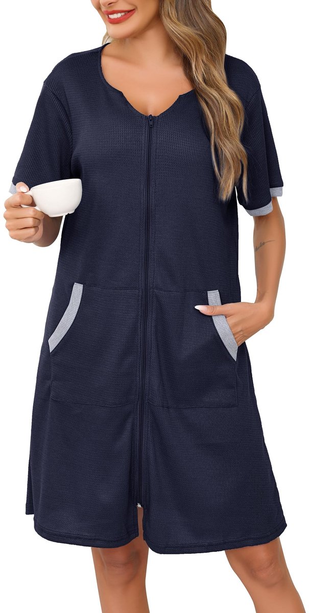 Dames Badjas - Waffle Pique - Donkerblauw