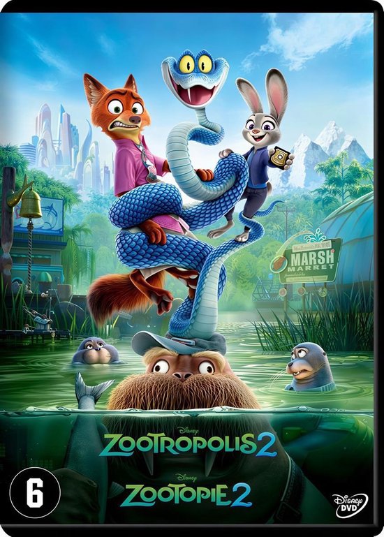 DVD-hoes met de karakters uit Zootropolis 2. Een vos, een konijn, een slang en een walrus in een waterrijke omgeving. Zootropolis 2 staat in grote letters op de hoes.