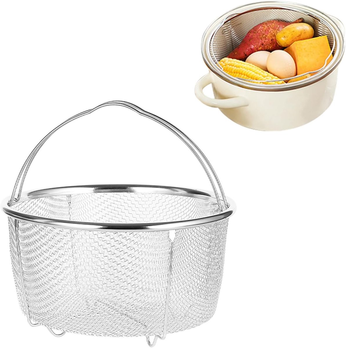 Stainless Steel Stoommand 18cm - Duurzaam RVS, Comfortabele Handvatten en Afvoermand voor Koken en Stomen