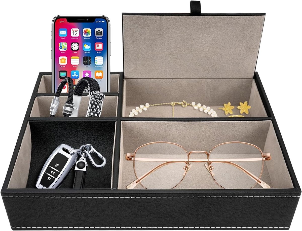 Stijlvolle Lederen Bureau Organizer met 5 Compartimenten, Ideaal als Bedside Organizer en Opbergdoos voor Slaapkameraccessoires voor Mannen