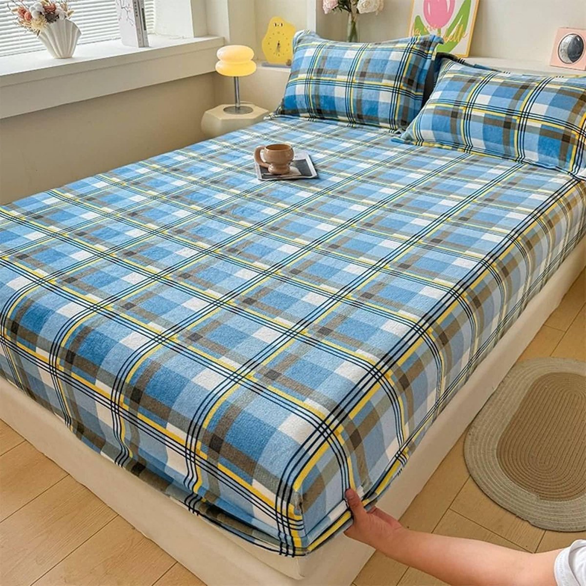 Kingsize Hoeslaken 90 x 200 cm - Blauw met Twinrasterpatroon