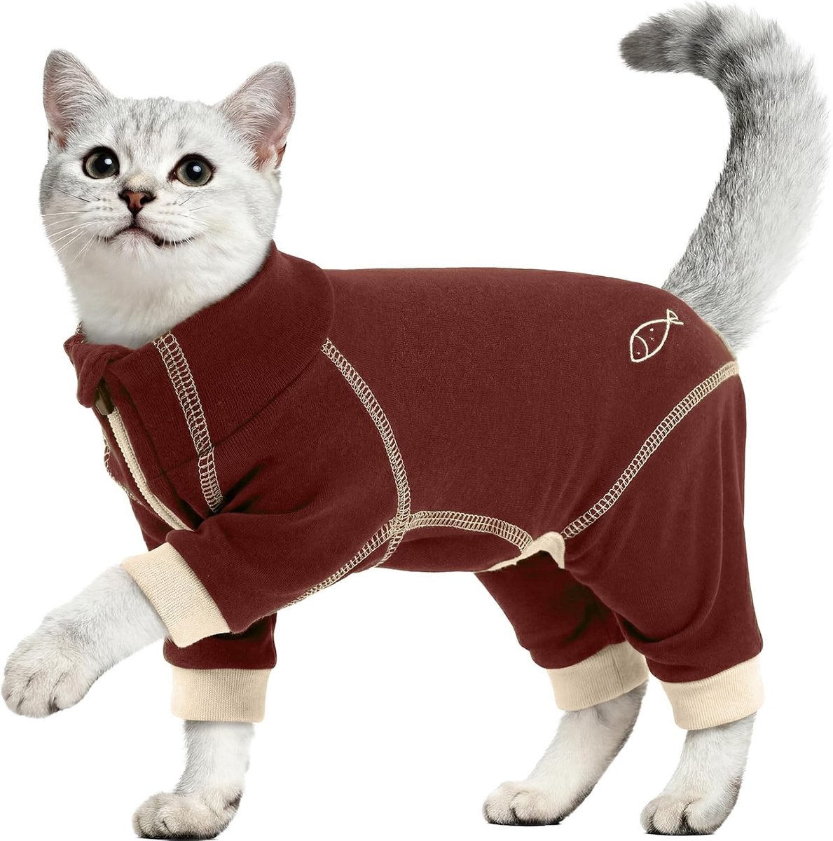 Comfortabele kattenbody met lange poten, ideale wintermantel voor katten, postoperatieve bescherming en pijnverlichting (roodbruin, M)