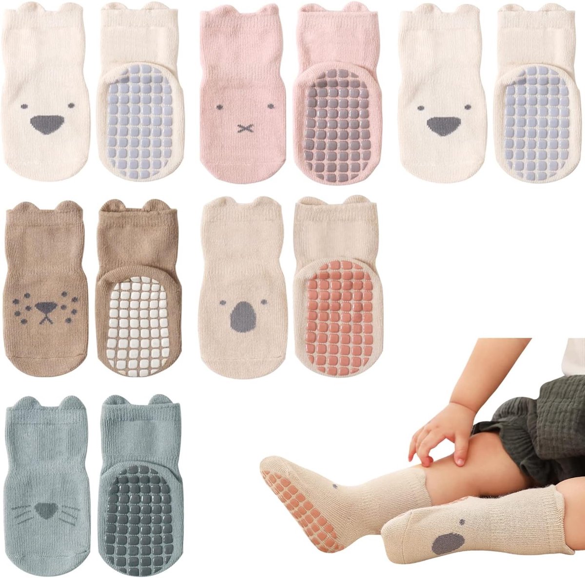 Comfortabele Antislip Kousen voor Jongens - Katoenen Baby Sokken 6-Pack met Dierenthema 16-20 EU