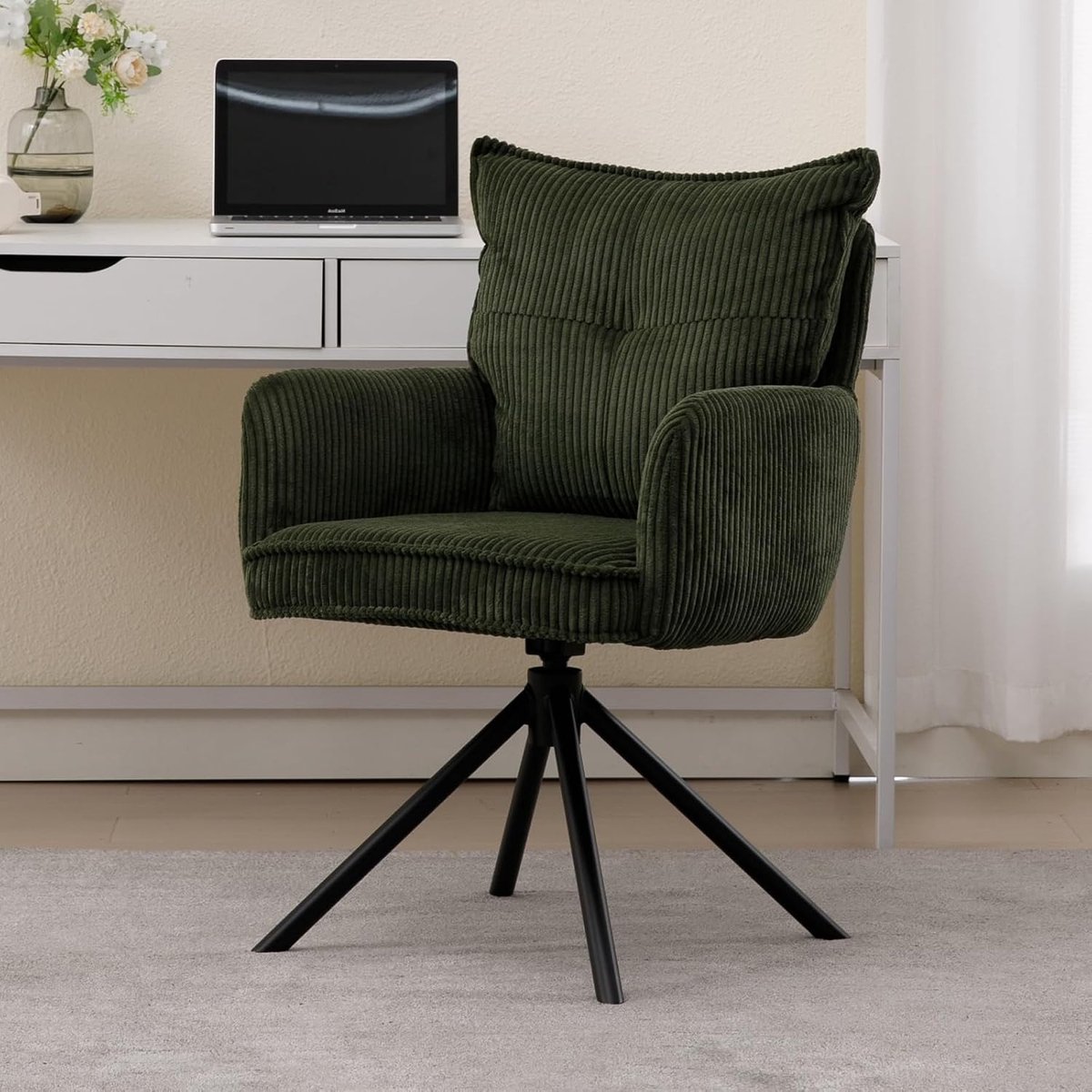 Bureaustoel Groen - Ergonomische Draaistoel met Ribfluweel Bekleding - 360° Draaibaar - Dubbele Rugleuning - Armleuningen - Comfortabele Computerstoel voor Kantoor, Thuiswerk en Studeren