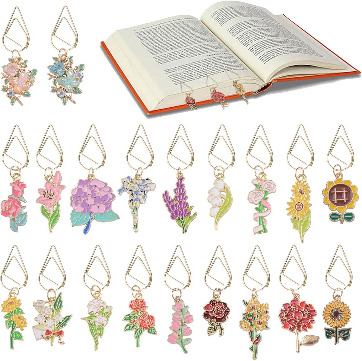 Esthetische bloemen paperclips, 20 stuks metalen bladwijzers met emaille bloemhangertjes voor lezers, schrijvers en studenten