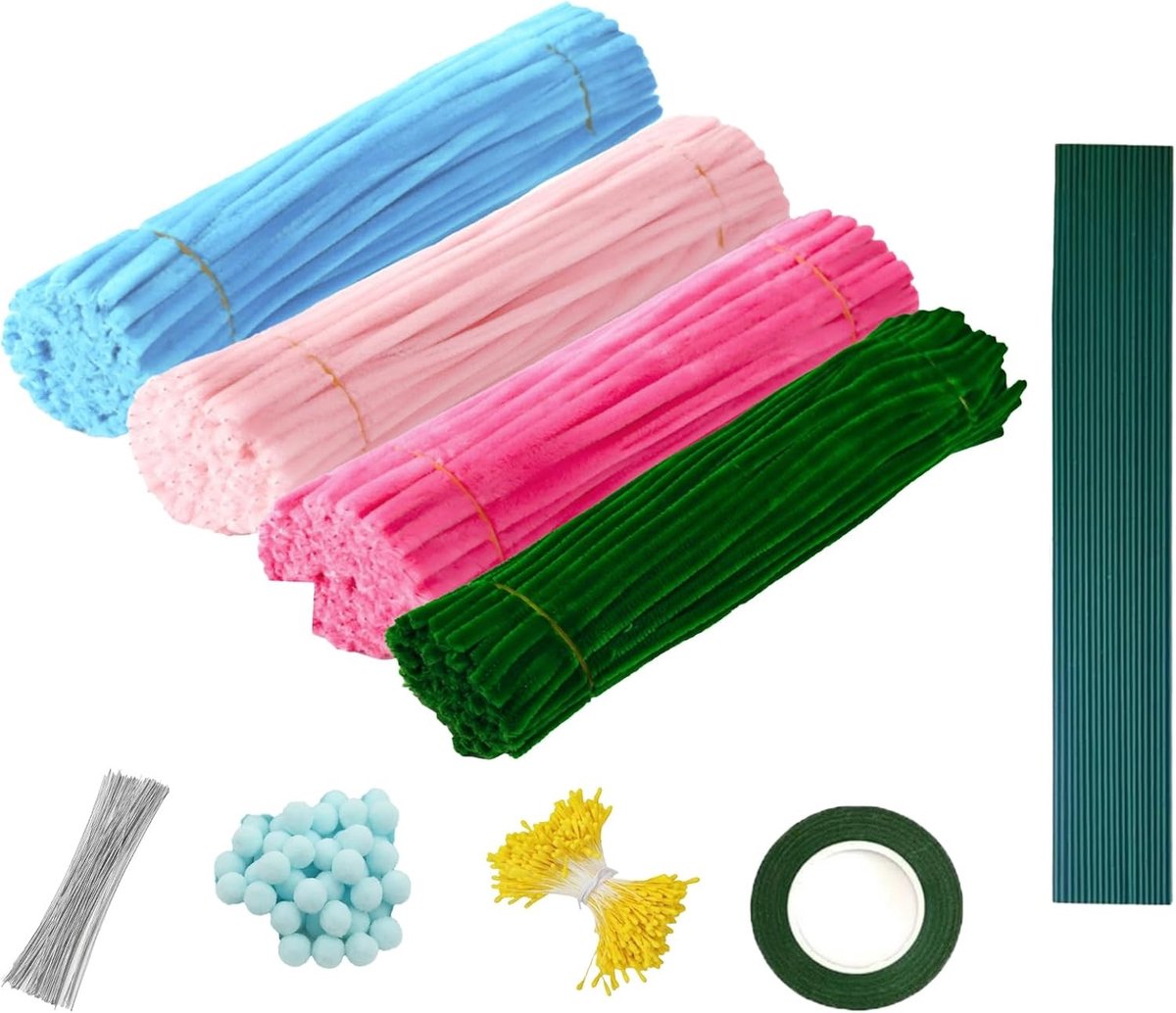 400 Stuks Pijpenragers Set voor Creatieve Klussen in 4 Kleuren met Bloemendraad, Bloemstokken en Pompons voor DIY Boeketten en Decoratieprojecten