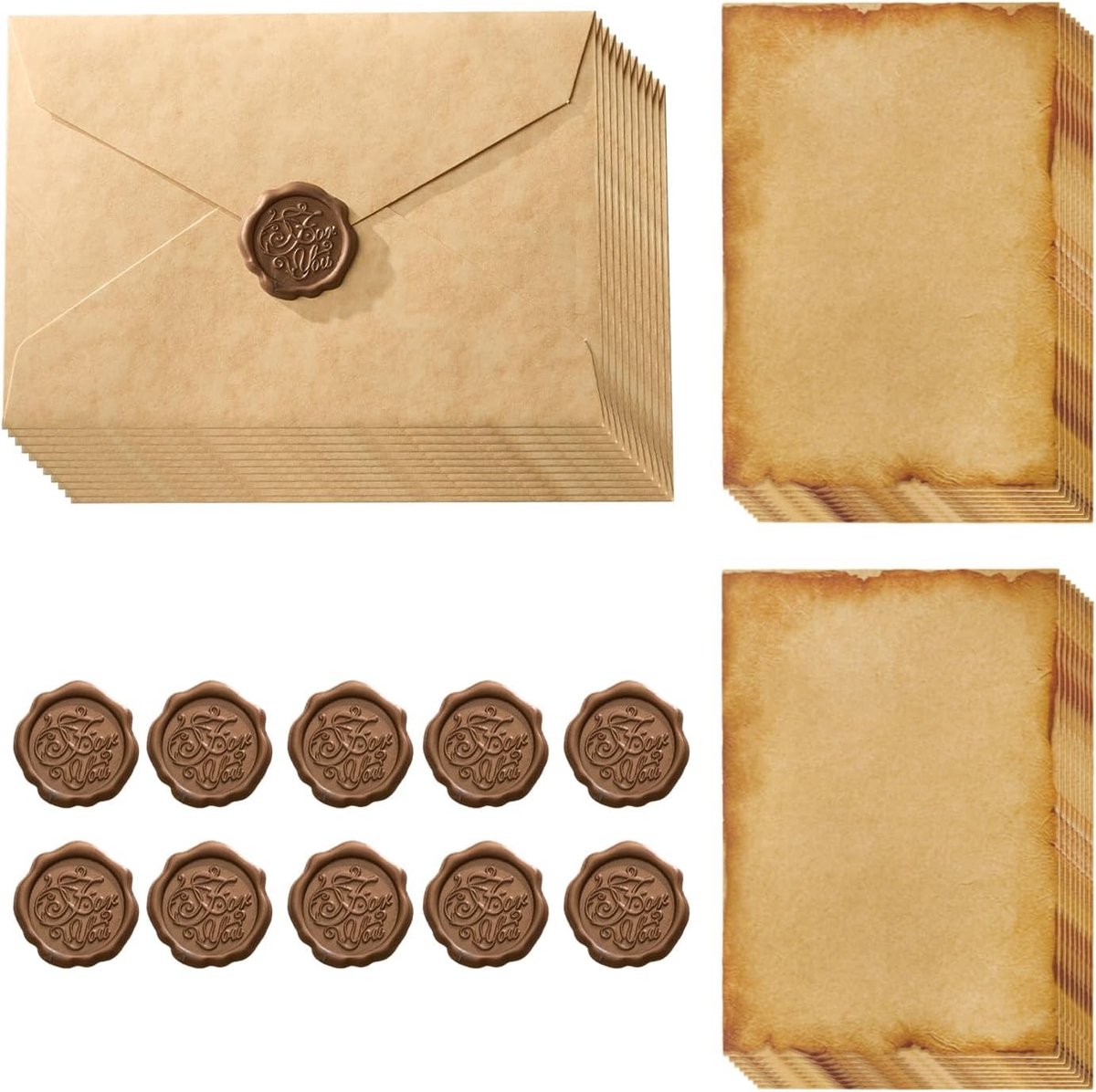 Vintage Briefpapier Set met 10 Enveloppen, 16 A5 Bladen en 10 Waszegels voor Trouwen en Verjaardagen, Perfect voor Creatieve Uitnodigingen