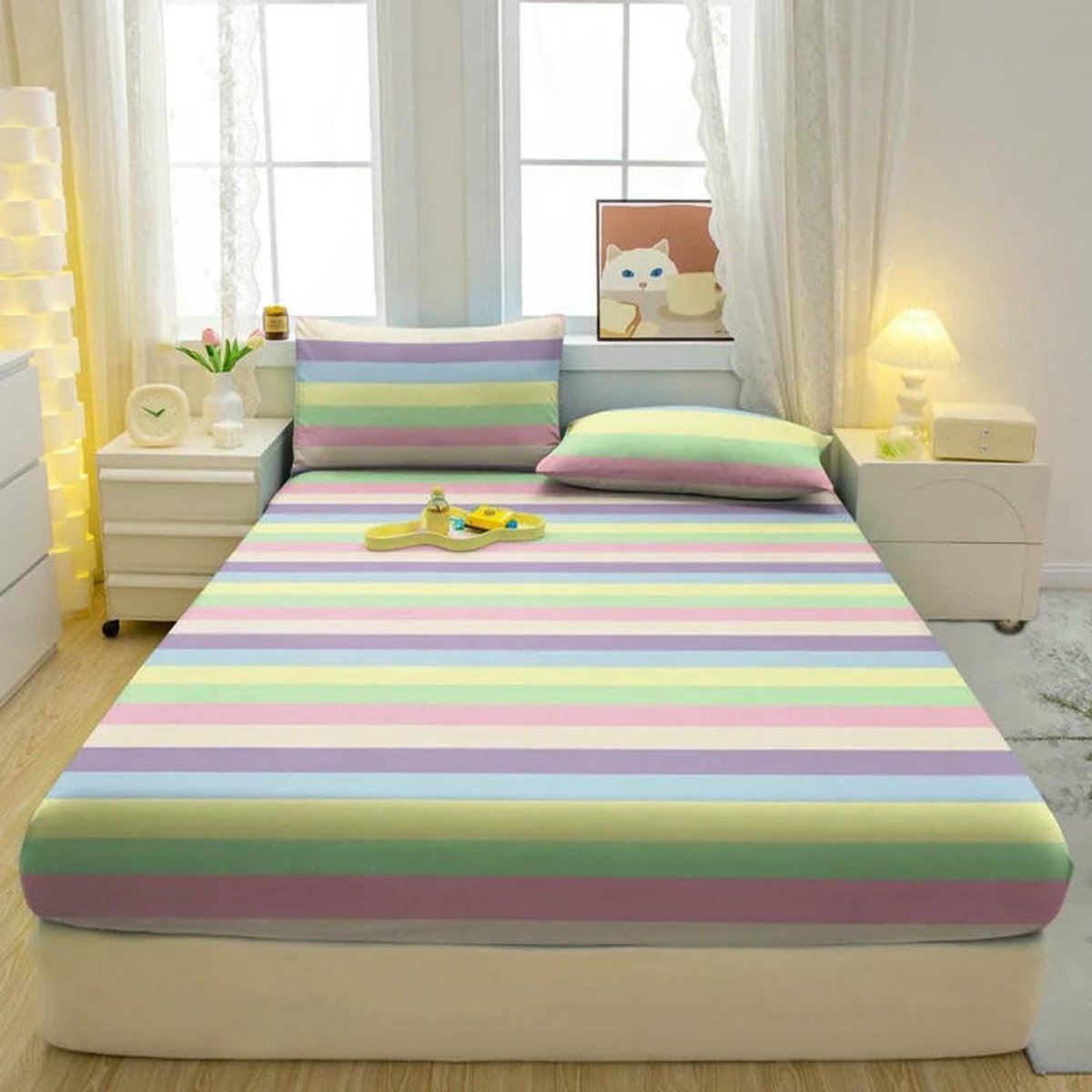 3-delige Hoeslakenset - Streeppatroon Matte Regenboog