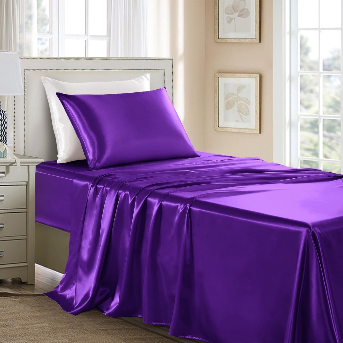 Satin Laken Set Enkel XL - 3-delige Set Donkerpaars