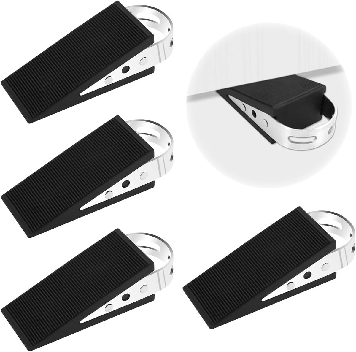 Set van 4 Stapelbare Rubberen Deurwiggen met RVS Handvat, Krasbestendige en Antislip Deurstoppers voor Elke Vloer en Soort Deur