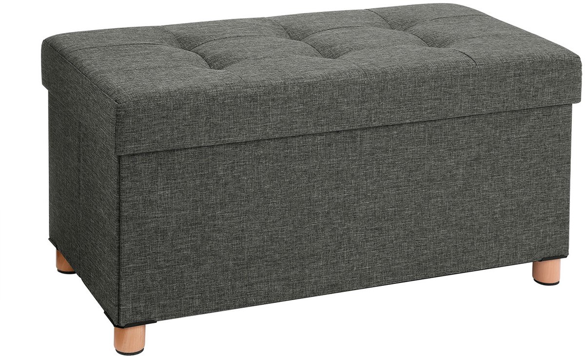 Opbergpoef Opbergbank 76 x 38 x 40 cm Donkergrijs 65L opbergruimte Met comfortabele zachte zitting en houten poten Opvouwbaar ruimtebesparend Stevige constructie Max. statische belasting 300 kg Geschikt voor slaapkamer gang en woonkamer