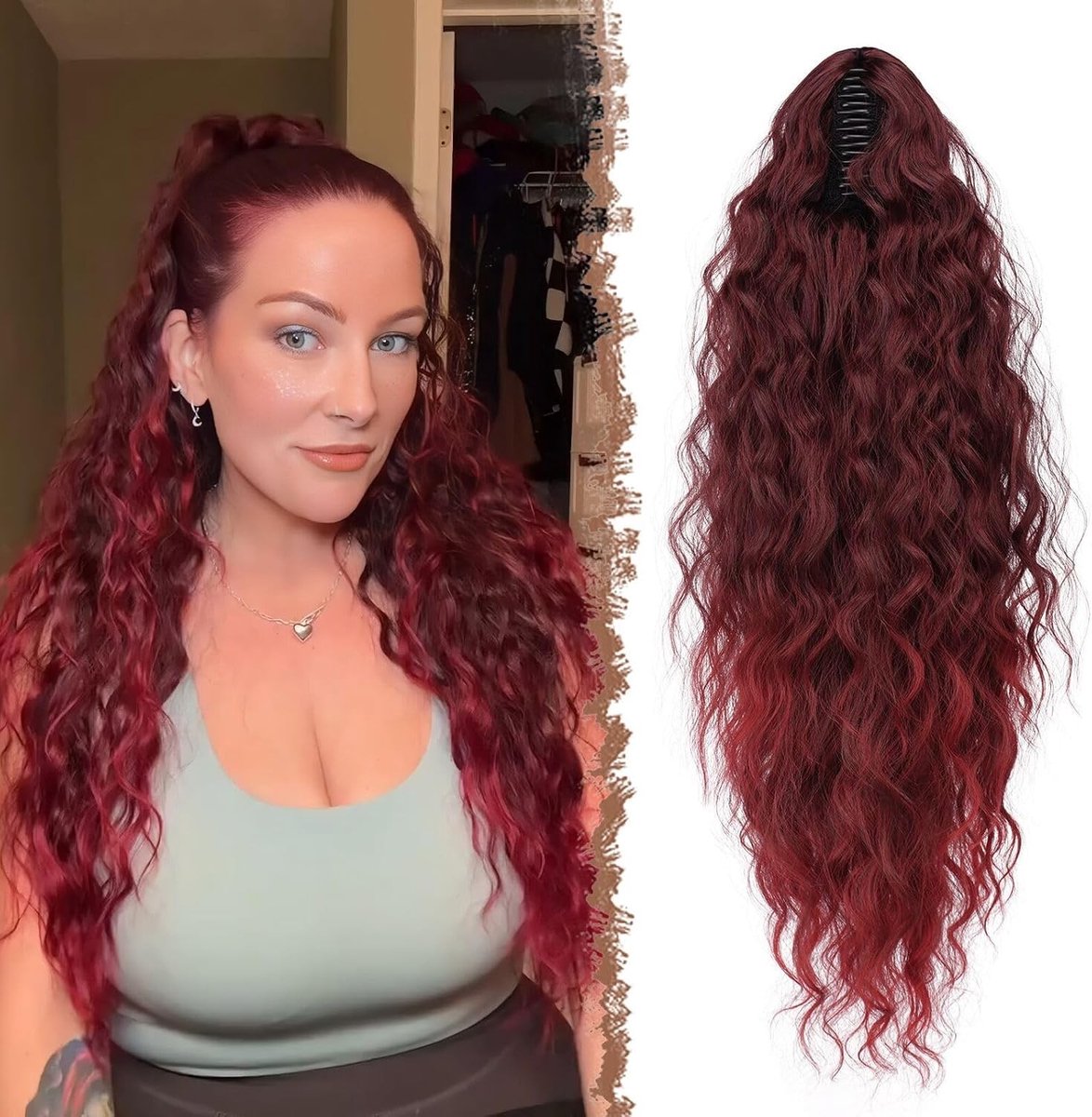 Ponytail Extensions Lang Krullend Golvend Haar voor Vrouwen, Zwart Ombre Rood, 75 cm, Perfect voor Feestjes en Dagelijks Gebruik