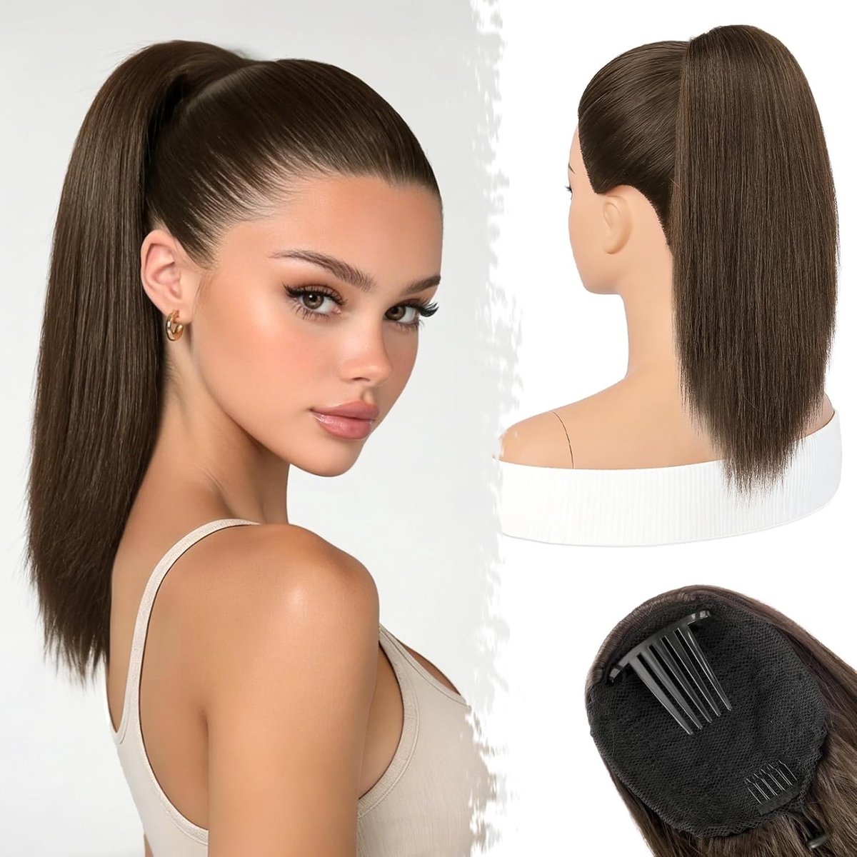 Korte Bruine Ponytail Extensions van 40 cm, Stevige Rechte Haarstuk met Trekkoord voor Dagelijks Gebruik en Wedstrijden