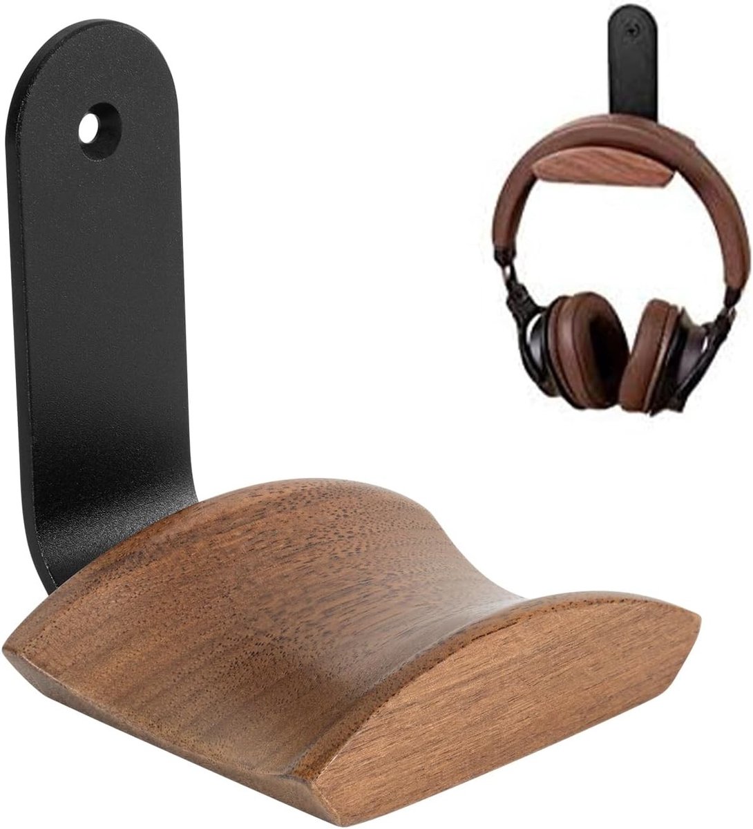 Hoofdtelefoonhouder met 6 cm brede walnoothouten hoofdsteun, stevige headsetstandaard met 3M tape en schroef, ideaal voor gaming en opbergen van hoofdtelefoons.