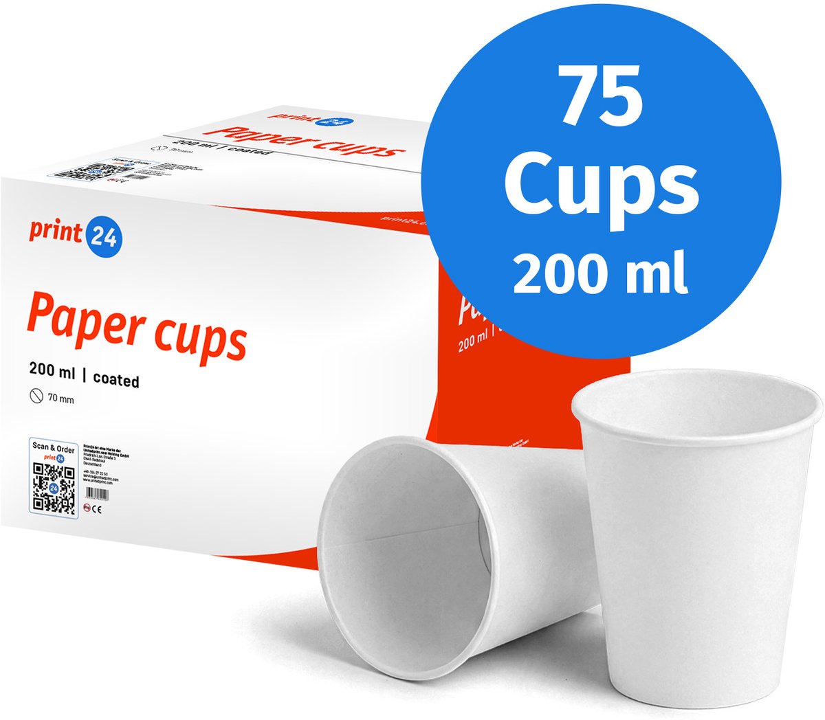 NIEUW: print24 Kartonnen bekers, 200 ml, onbedrukt, wegwerpbekers, 75 stuks