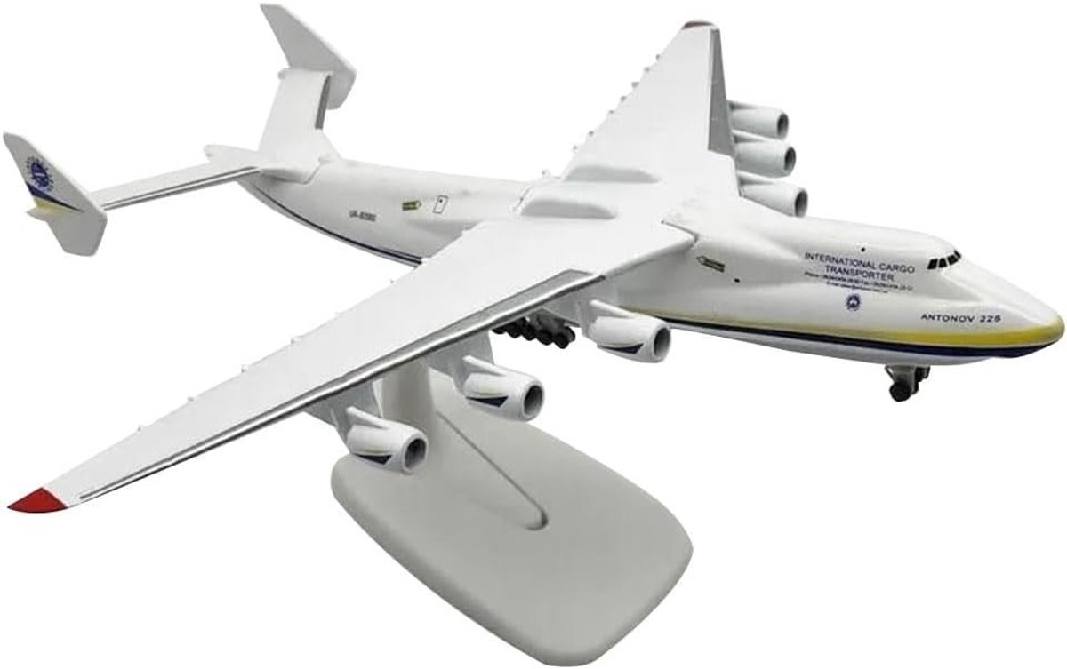 Gedetailleerd modelvliegtuig van de Antonov An-225 Mriya, verzamelobject in metaal, schaal 1:400, perfect voor luchtvaartliefhebbers