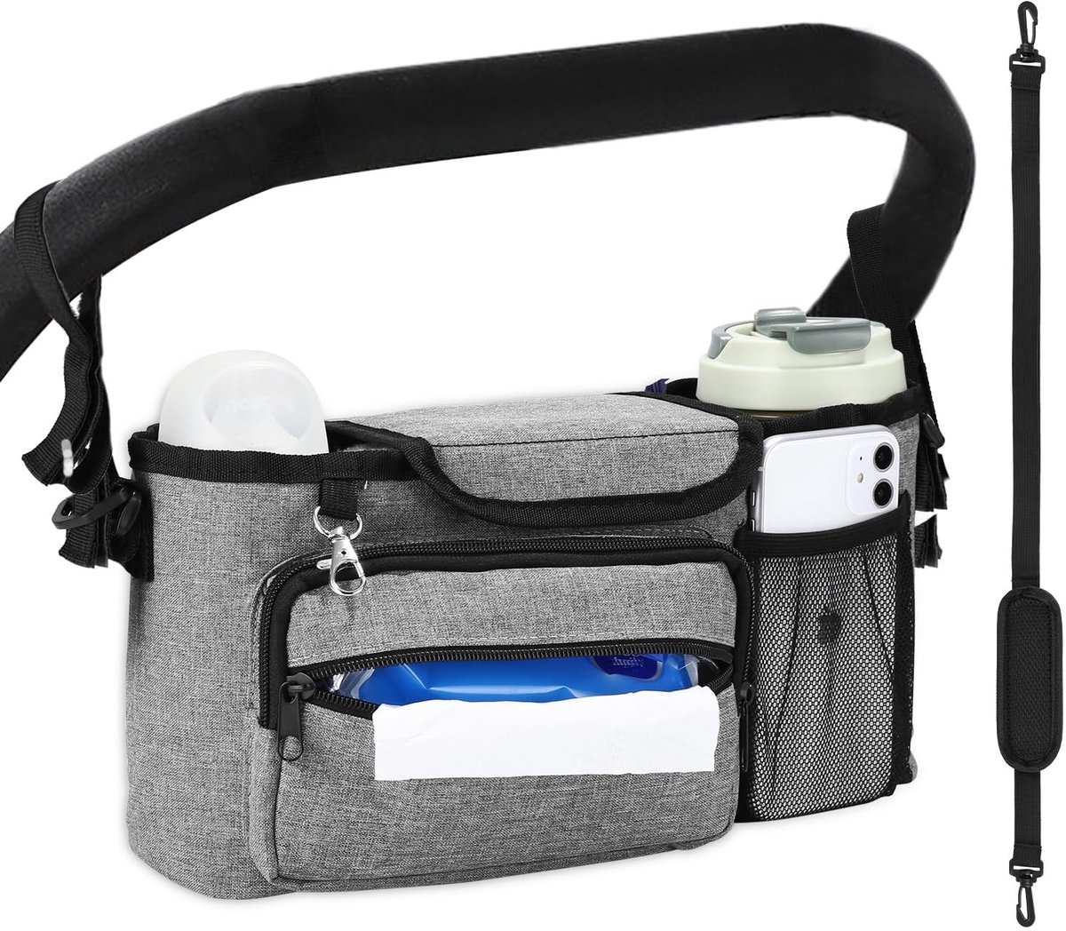 Kinderwagen Organizer met Geïsoleerde Bekerhouder - Grijs