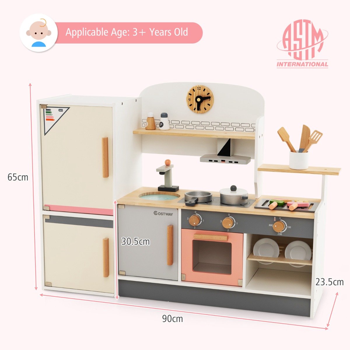 SureDeal® - Rollenspell - Houten Kinderspeelkeuken Koelkast - Gootsteen Keukengerei Speelgoedkeukenset - 90x23,5x65 cm - Beige + Grijs + Roze