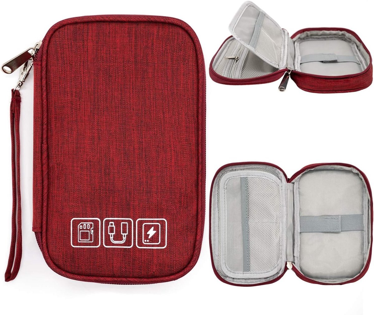 Compacte Waterdichte Kabel Organizer Tas voor Elektronische Accessoires en Kabels - Rood, Ideaal voor Reizen en Thuisgebruik
