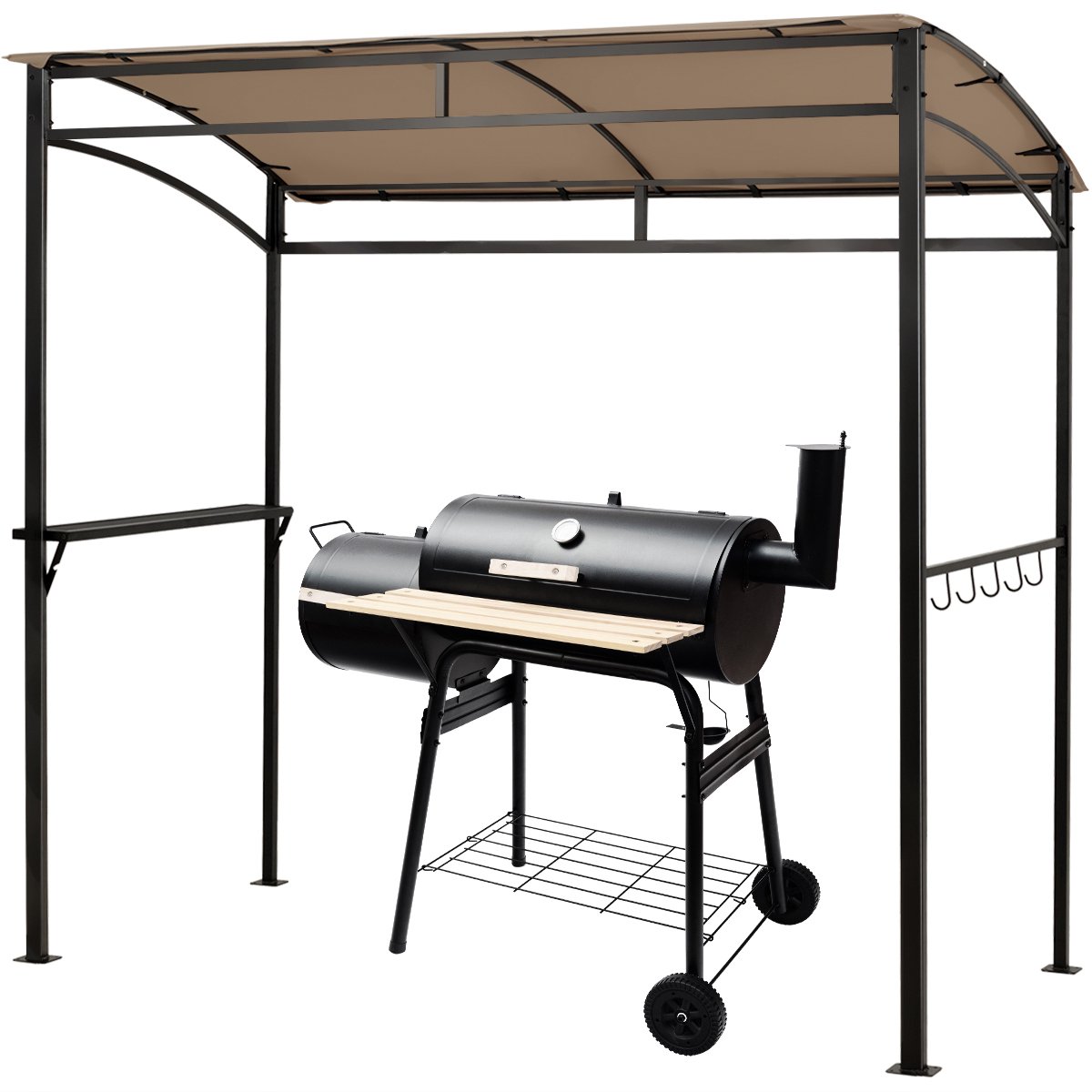 SureDeal® - Kamper - Grillpaviljoen Weerbestendig Metalen - Rek - Haken Bruin - 216x134x211 cm - Koffiebruin