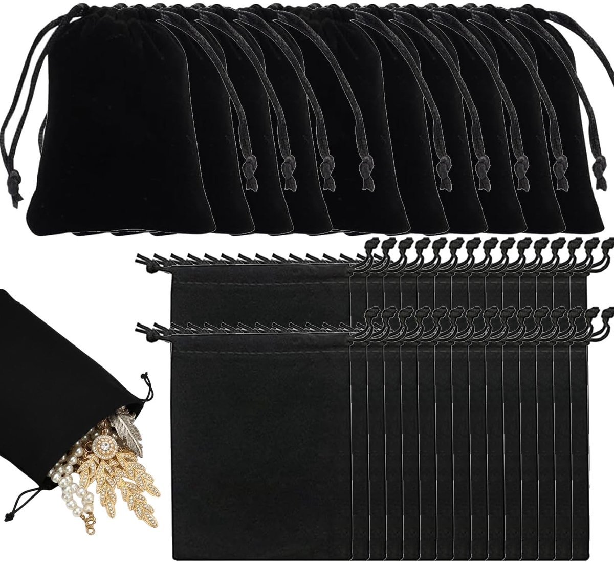 Dailygoods- Fluwelen Zakjes 50 Stuks - Zwart - Trekkoord - Sieraden/Snoepzakjes - Bruiloft/Gunstzakje - 7 x 9 cm - Stevig Materiaal - Cadeautas
