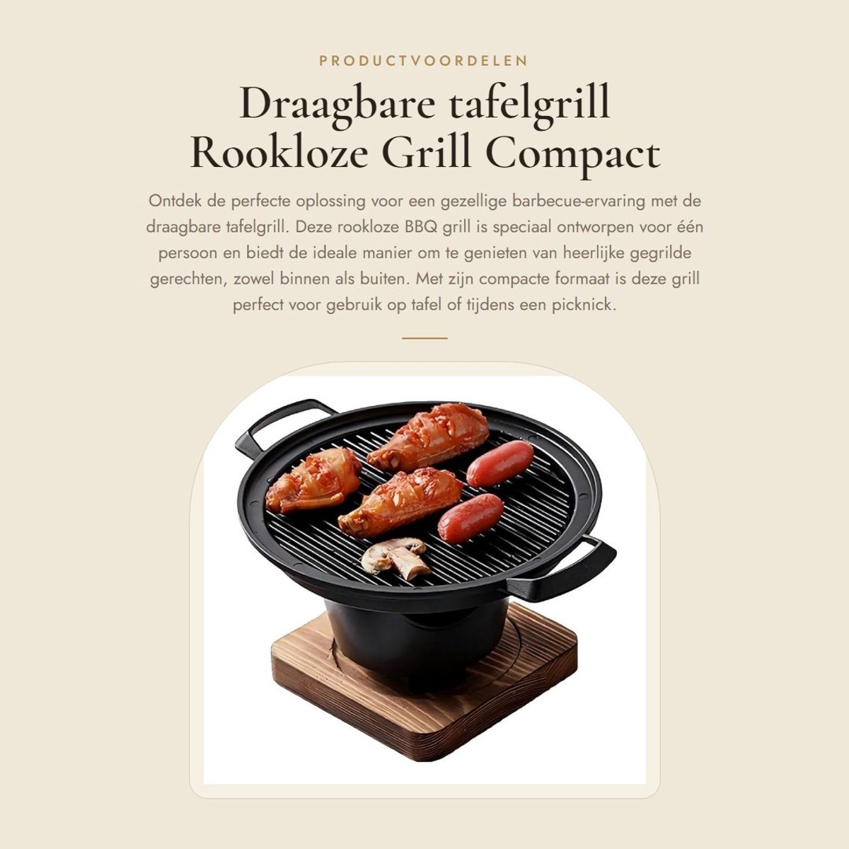 Dailygoods- Tafelgrill Rookloos - Draagbare BBQ Grill - Houtskoolgrill - Mini Tafelblad - Eikenhout/Aluminiumlegering - Binnendiameter 17 cm - Barbecue