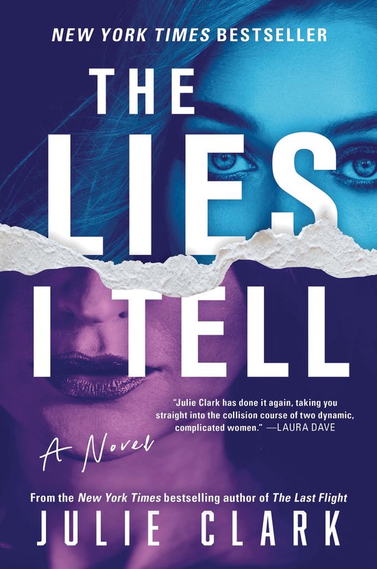 Boek 'The Lies I Tell', een thriller van Julie Clark, met twee vrouwenogen en een gescheurde foto.