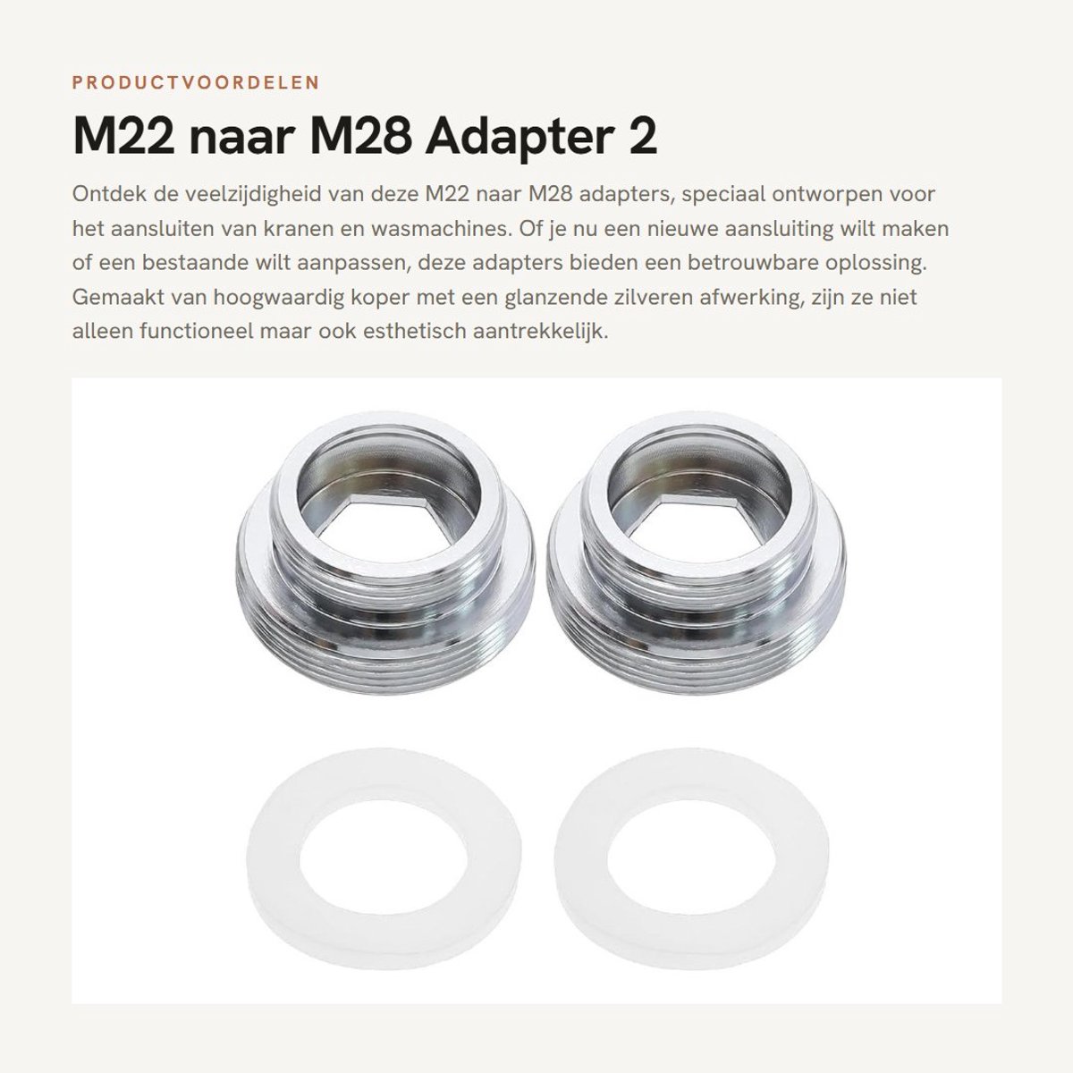 Dailygoods - M22 naar M28 Adapter - 2 Stuks - Koper Zilver - Tap Connector - Hoogwaardige Kranen - Geschikt voor Wasmachines - 2 Adapters