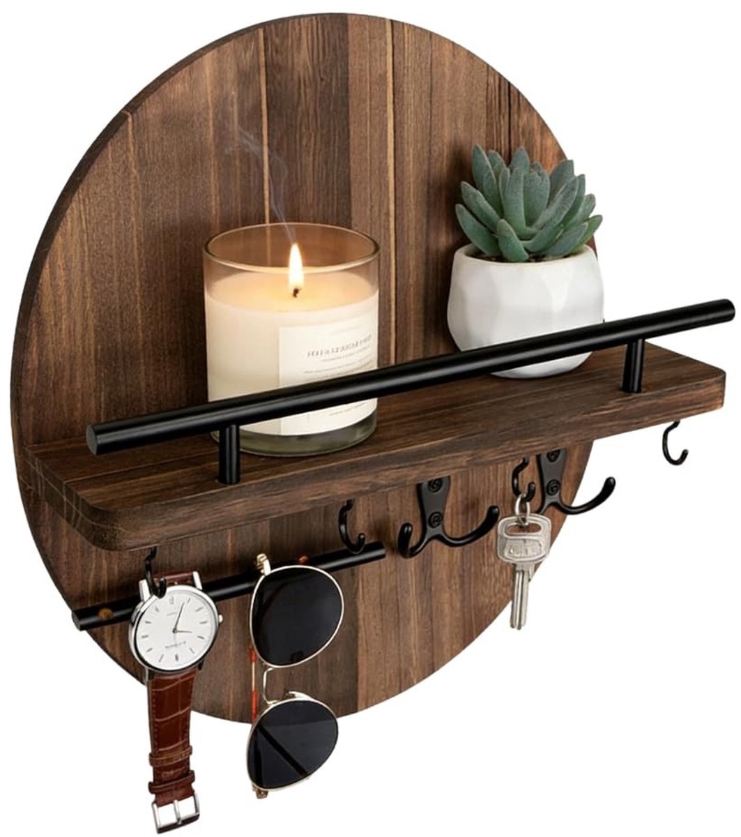 Dailygoods - Sleutelrek met plank, ronde sleutelhouder, vintage hout met opbergruimte, decoratief houten wandrek, sleutelhouder voor hal, decoratie (bruin, 30 x 30 x 12 cm)
