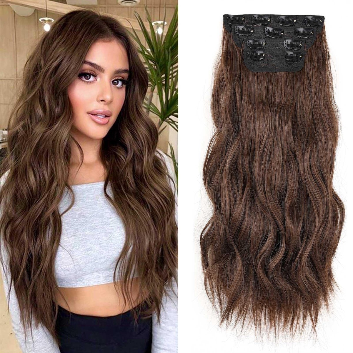 Dailygoods - Xtrend 16 inch krullen haarverlenging donkerbruin clip-in haarverlenging synthetisch haar voor vrouwen en meisjes 4 stuks volledige set dikke krullen golf synthetisch haar (9#)