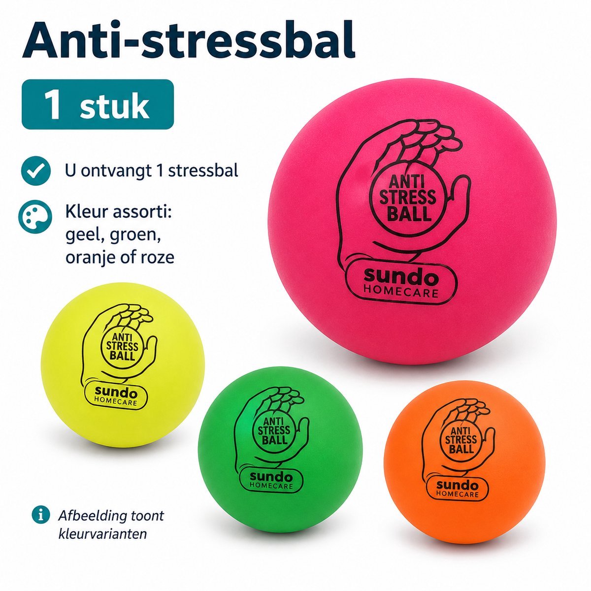 Sundo Anti-stressbal - Stressvermindering handtraining (kleur niet kiesbaar) - Geel/ groen/ roze/ oranje