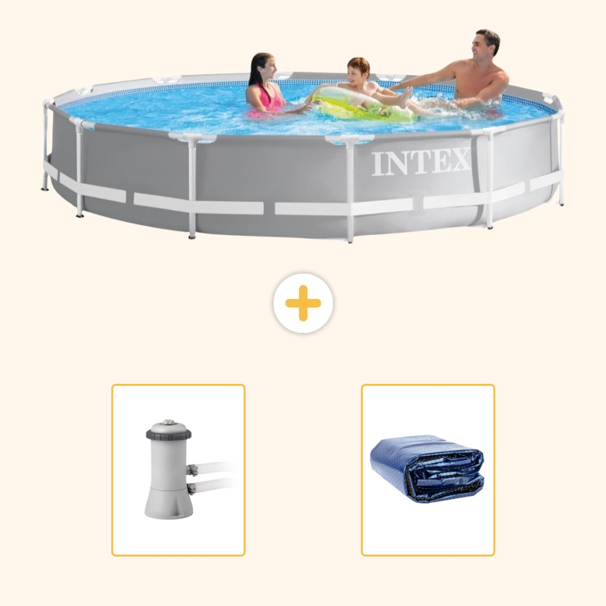 Intex Rond Prism Frame Zwembad - 366 x 76 cm - Grijs - Inclusief Pomp - Solarzeil - 3-delig