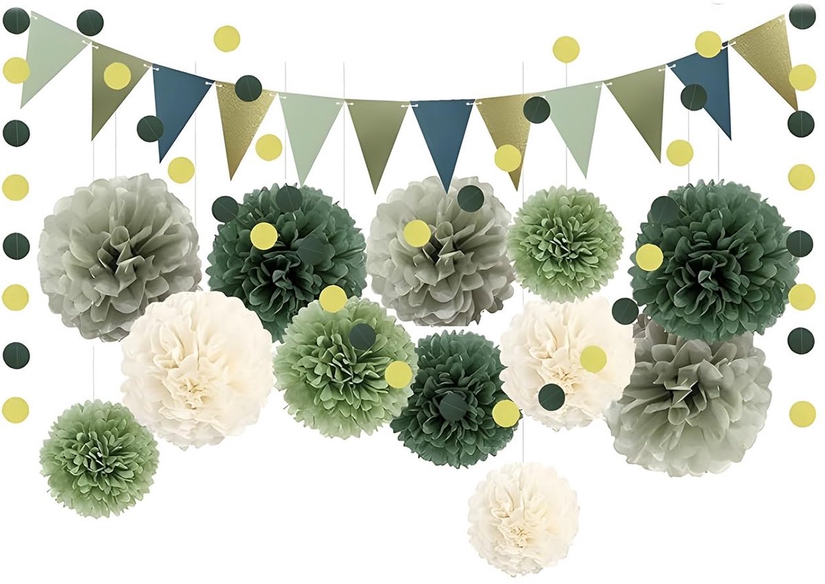 Decoratieset voor verjaardag, saliegroen, 16-delig, pompon, zijdepapier, voor bruiloft, landelijk en doop, jongens, slinger, gouden en crème, decoratie voor babykamer, gender reveal en bohemian chic