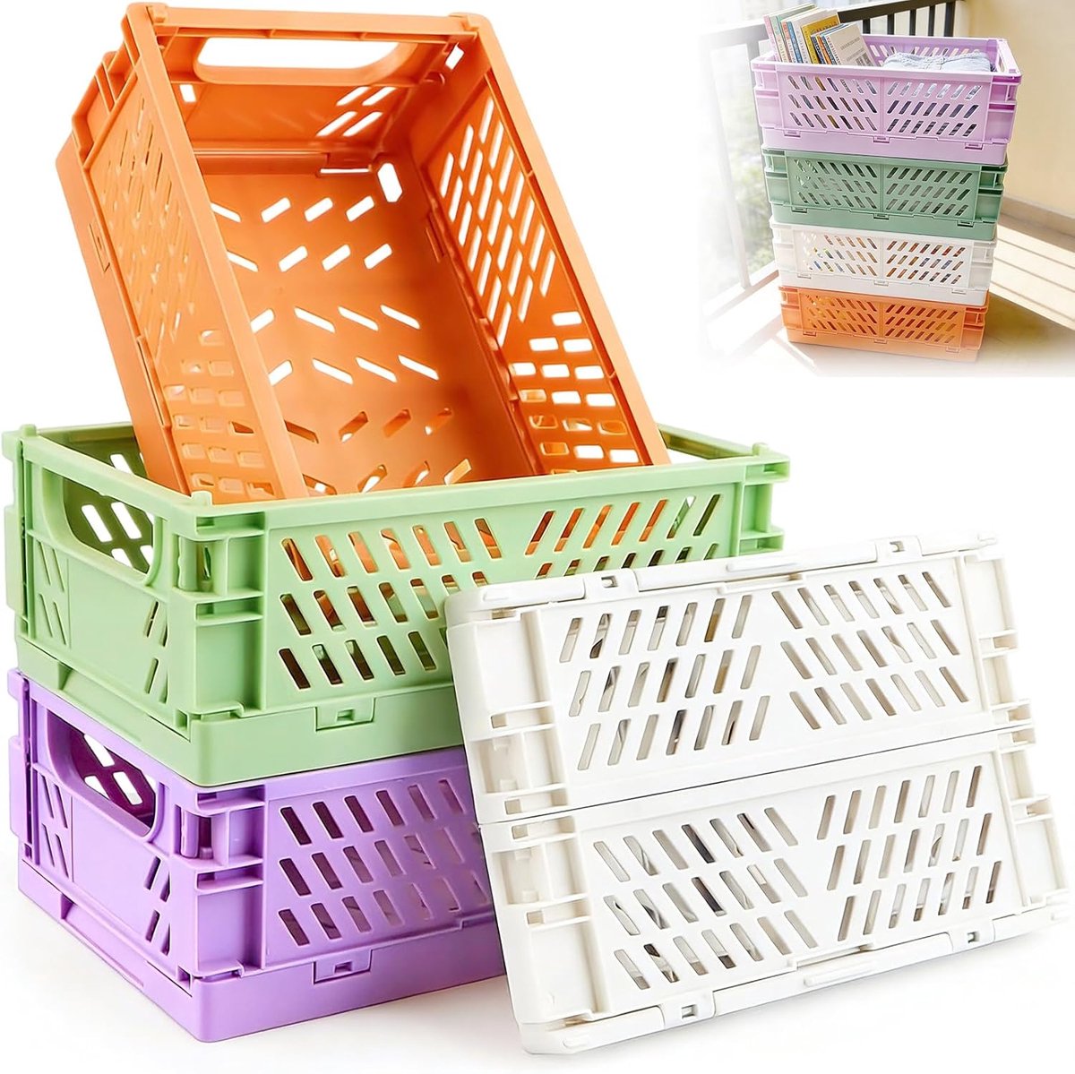 Set van 4 opvouwbare opbergkisten, mini plastic opvouwbare mand, stapelbare opbergdoos, kleine organizerbakken, dozen voor keuken, badkamer, kantoor, slaapkamer, lade, thuis (25,3 x 16,5 x 10 cm)