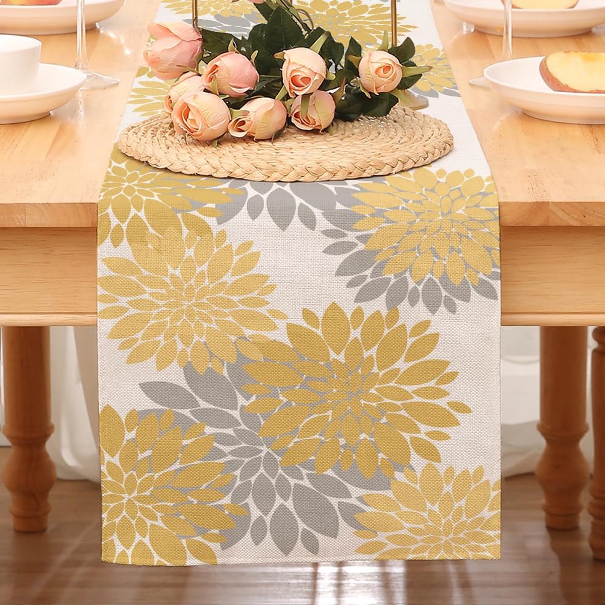 Tafelloper patroon dahlia's bloemen tafel modern grijs geel zomer herfst alle seizoenen tafelkleed voor keuken landelijke feesten feestdagen kleur geel thuis festival bar 40 x 140 cm