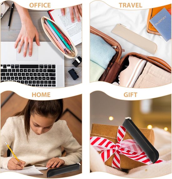 PU Lederen slanke etui, 2 stuks kleine pennenetui voor 4-6 pennen draagbaar briefpapier zakje cosmetische tas minimale make-up organizer rits opbergtas voor reizen zakelijk (zwart + wit) — afbeelding 5
