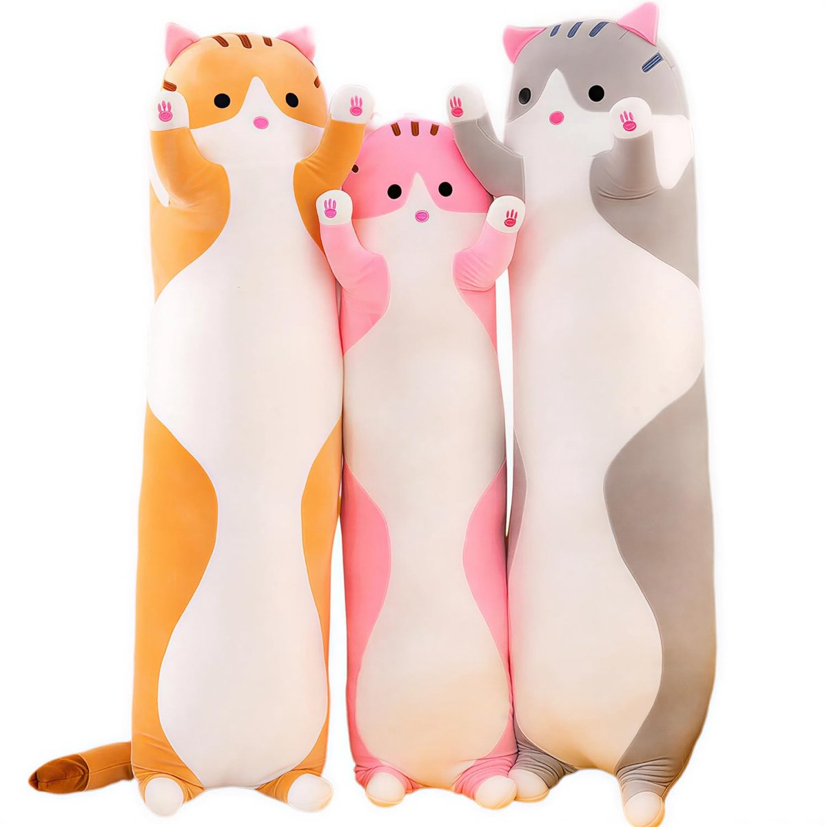 Lang kattenpluche kussen, zachte en knuffelige kattenpluche kussens - grote lichaamskussen met kattenthema, voor verjaardagen, Kerstmis en kinderdag (grijs, 90 cm)