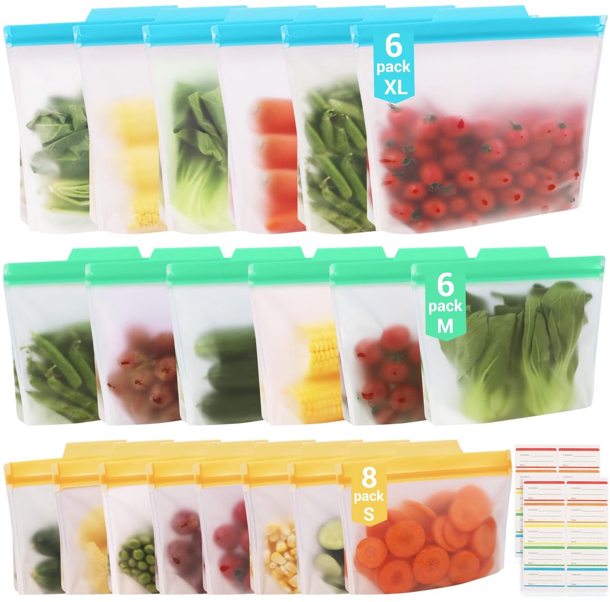 20 stuks vrieszakken, herbruikbaar, staande bodem, ritssluiting, voedselzakjes, siliconen zak, opbergzak, sandwichzak, keukenzak voor groenten, melk, snacks, vlees