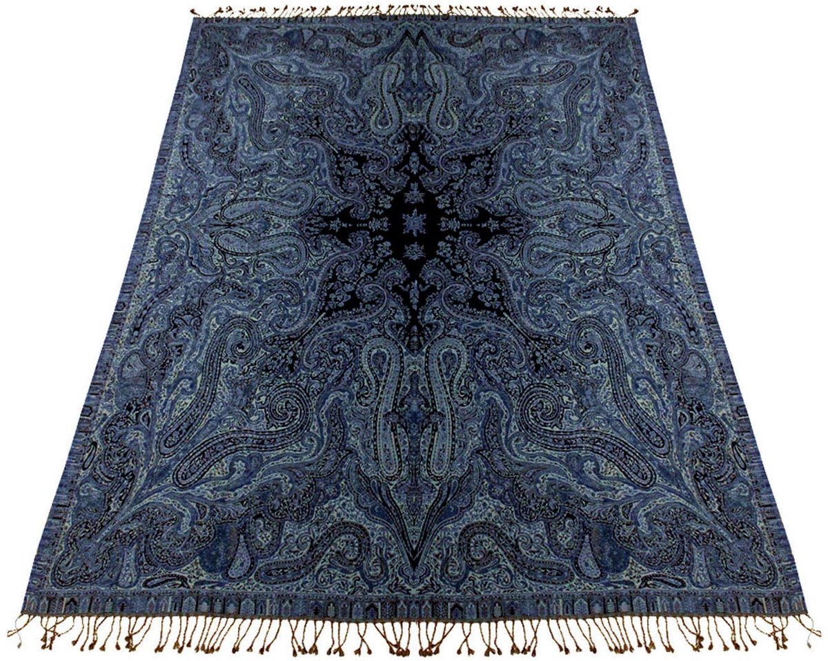 Cana Luxe wollen deken jacquard geweven van de fijnste wol van Merino - Lamm Paisley Blauw Zwart Goudgeel woondeken patroon deken wol sofadeken knuffeldeken plaid 140 cm x 200 cm 96262
