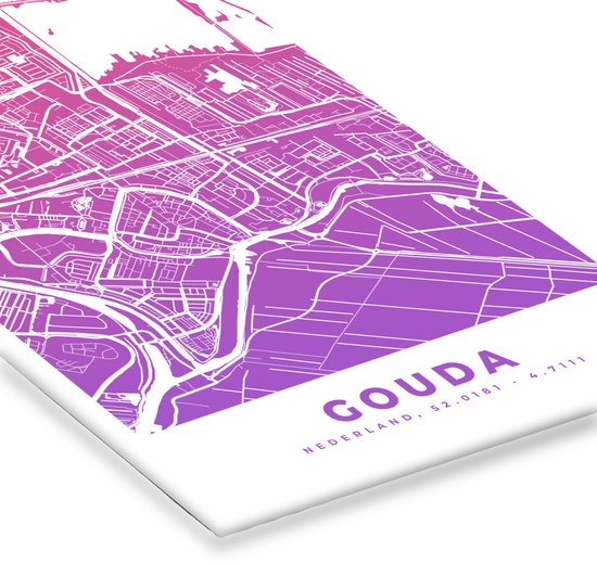 Poster in lijst - Fotolijst 60x90 cm - Posters - Stadskaart - Gouda - Paars - Nederland - Posterlijst zwart - Decoratie - Wanddecoratie woonkamer - Muurdecoratie slaapkamer