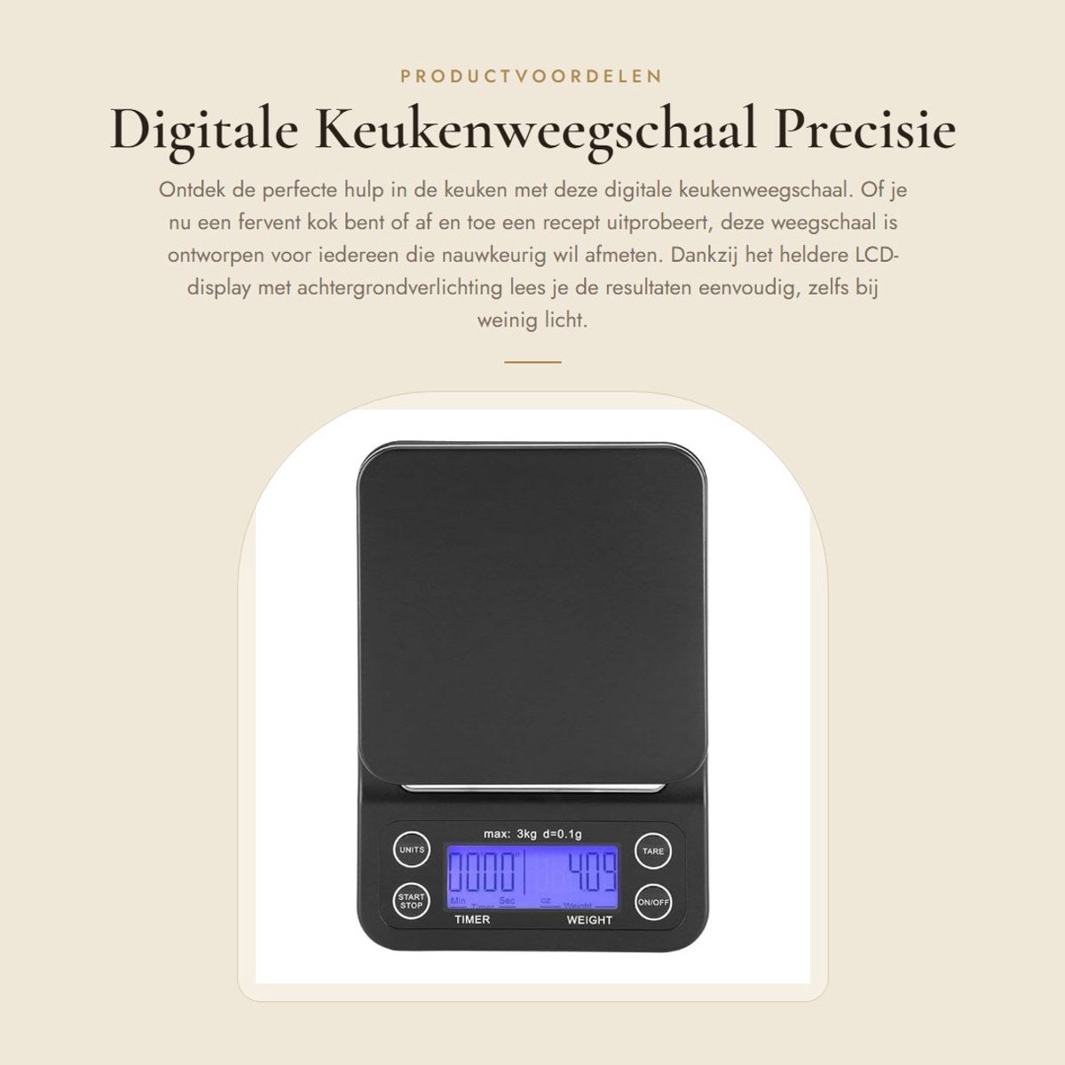 Dailygoods- Keukenweegschaal 3kg/0.1g - Digitale Keukenweegschaal - LCD Scherm - Tarefunctie - Antislip Silicone Pad - Timer tot 99:59 minuten - Digitale Weegschaal
