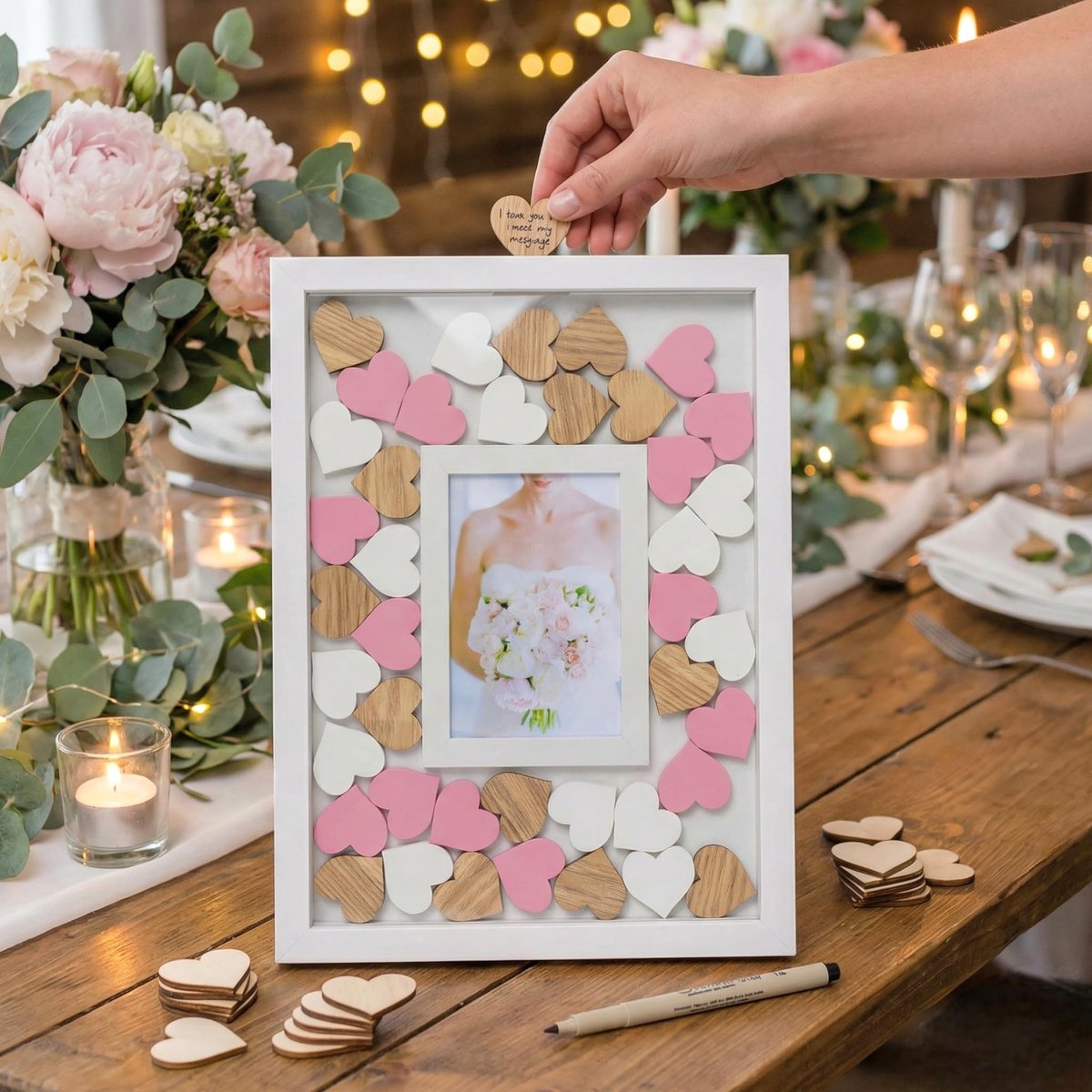 Dailygoods- Gastenboek met houten frame - 42 beschrijfbare harten - fotolijst voor herinneringen - 38 x 28 cm - perfect voor bruiloften/jubilea - Herinneringsboek